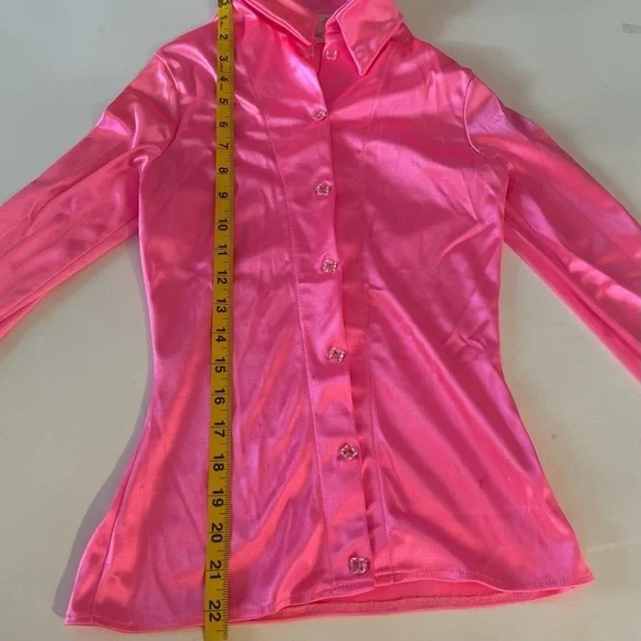 Deviations Vintage Hot Pink Barbie Top Button Down  Small Rare Crystal Bead - Picture 11 of 13